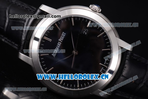 Audemars Piguet Jules Audemars Clone AP Calibre 3120 Automatic Steel Case with Black Dial Stick Markers and Black Leather Strap (EF) - Click Image to Close